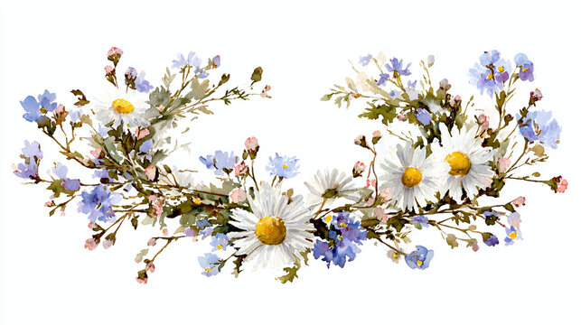 A floral wreath of daisies and forget-me-nots, arranged in a semicircle, showcases delicate beauty and vibrant colors