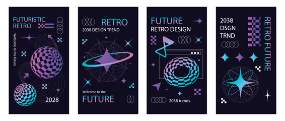 Retro Futuristic Geometric Designs in Neon Colors.