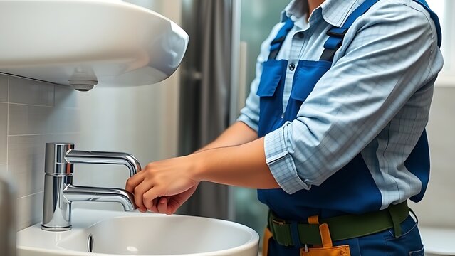 A young plumber in uniform repairs a sink in a modern bathroom.