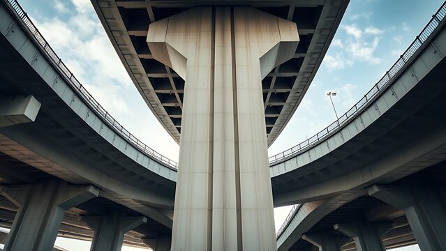 Massive bridge pillar supporting elevated roadway with architectural detail in daylight.