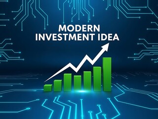 Modern Investment Idea Concept with Green Rising Bar Chart and White Upward Arrow on Blue Circuit Board Background