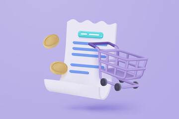 3D shopping cart with bill icon for payment transaction notice. paper receipt for shopping offer in store. Business invoice bill expenses idea concept. 3d invoice list icon vector render illustration