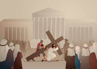 Biblical vector illustration of Way Of The Cross or Stations of the Cross, second station, Jesus accepts his cross.