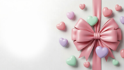 Fototapeta premium Pastel hearts and pink ribbon on white background