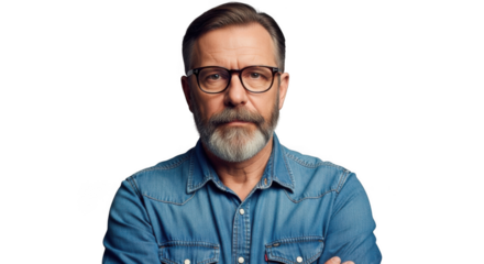 Serious man with beard and glasses isolated on transparent background