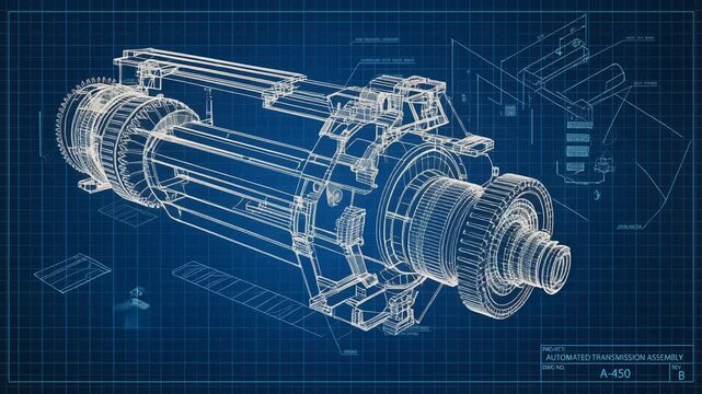 Detailed blueprint of an automated transmission assembly showcasing mechanical components