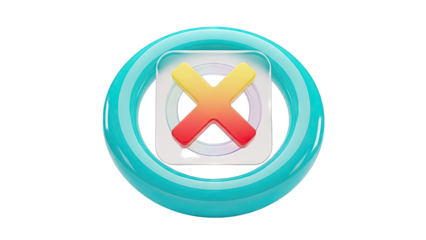 3D Red and Yellow 'X' Icon within a Transparent Square and Blue Ring