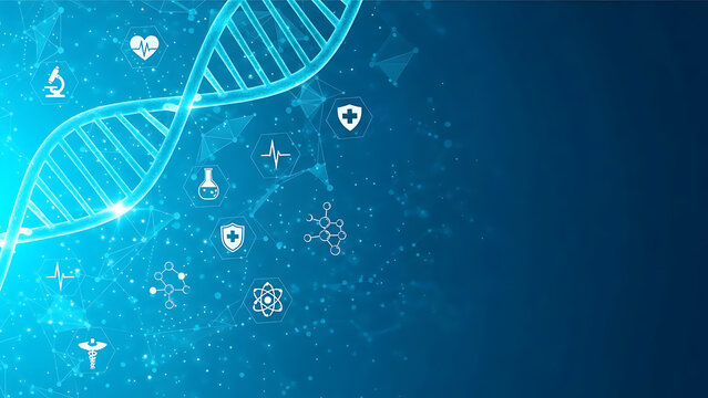 A medical illustration of DNA double helix with various health and science symbols around it - Powered by Adobe