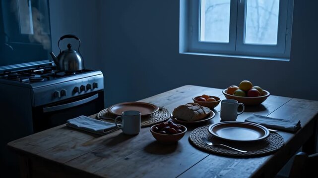 A serene breakfast setting on a wooden table by the window with food and beverages