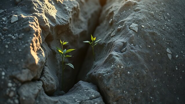 Young sapling growing from a crack in a large rock, soft morning light.