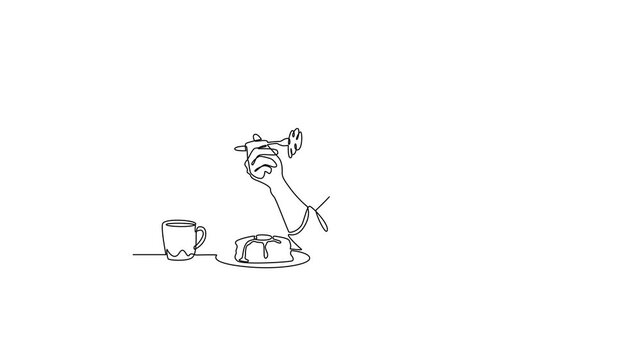 A man drinking coffee during breakfast.Breakfast time concept concept. Single line draw design Video 4k. Footage graphic illustration