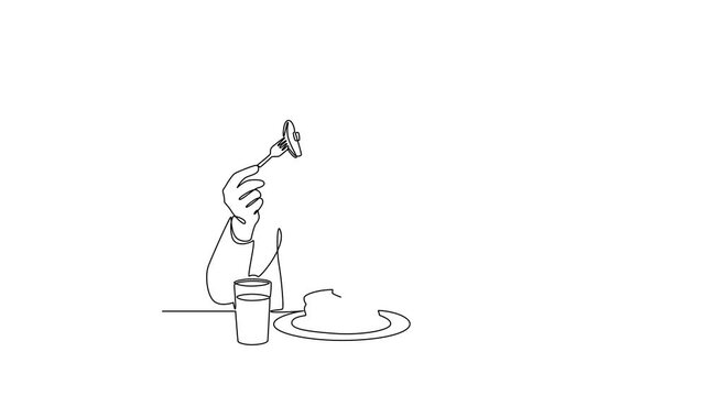 A man eating breakfast with a fork.Breakfast time concept concept. Single line draw design Video 4k. Footage graphic illustration