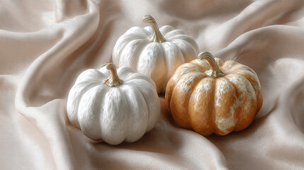 Three pumpkins arranged on a delicate satin fabric, bathed in soft, inviting light
