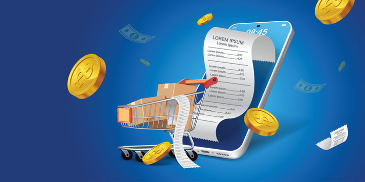 Shopping Online on Website or Mobile Application Vector Concept Marketing and Digital marketing.Online shopping store with mobile , credit cards and shop elements.Vector illustration.	