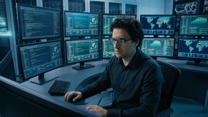 Focused IT professional analyzing data on multiple screens in a high-tech control room - Powered by Adobe