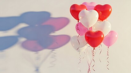 Heart shaped balloons floating in the air with shadow