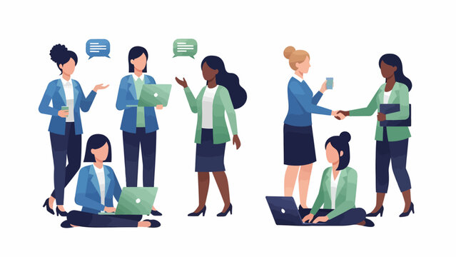 Women in various professional roles collaborate and communicate effectively in a modern office environment with laptops and digital devices.