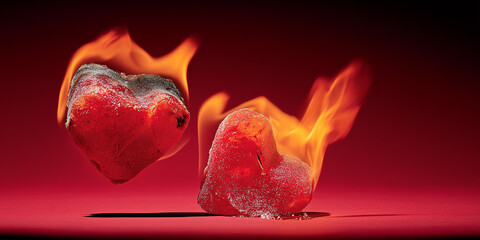 Flaming ice hearts on red background creating a dramatic visual  