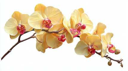Close-up of a blooming yellow orchid branch with several flowers on a natural background