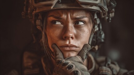 Female soldier in tactical gear, deep in thought, with a serious expression, showcasing determination and focus in a military environment, reflecting strength and resilience