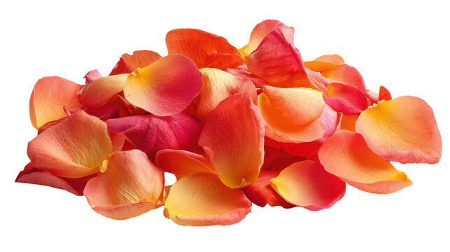 Pile of vibrant peach rose petals on transparent background for warm decorations design