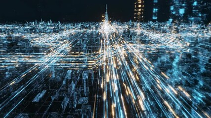 Abstract aerial visualization of a glowing digital grid network simulating complex financial transaction paths and massive data transfer across a virtual cityscape background, infrastructure, network - Powered by Adobe