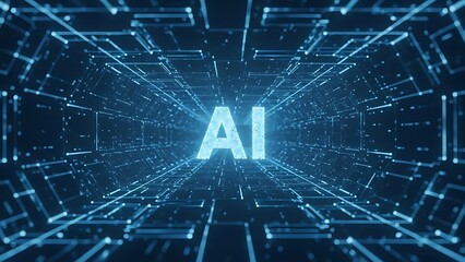 Abstract glowing blue AI text within a futuristic digital grid tunnel, symbolizing artificial intelligence, data streams, and advanced technology.