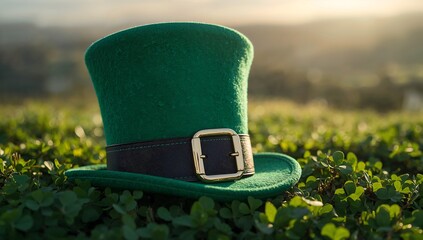 Green top hat sitting on grass with black belt and gold buckle outdoors