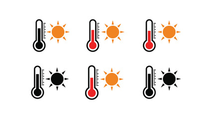 Fototapeta premium Set of six thermometer icons showing temperature levels from cold to hot with sun symbols