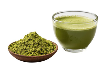 Green matcha powder in wooden bowl next to frothy green matcha tea drink image