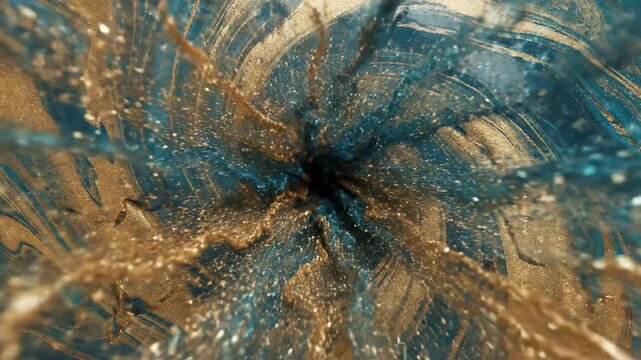 Abstract animated seamless looping background of vibrant teal and metallic gold swirling resin pattern dissolving into an infinite digital vortex creative, technology, vibrant