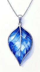 Elegant, blue leaf pendant necklace, silver chain