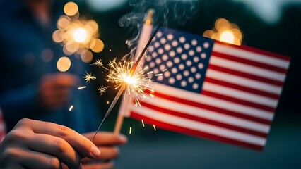 Close-up of hands holding a lit sparkler next to a small American flag during a twilight celebration event.