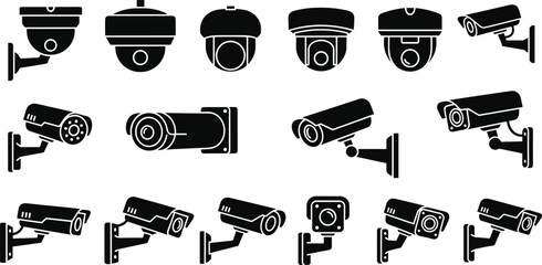 Surveillance camera icons, security system silhouettes, dome and bullet styles, wall mounted CCTV, vector illustration for monitoring, protection, observation, safety © SreemotiArponaBala