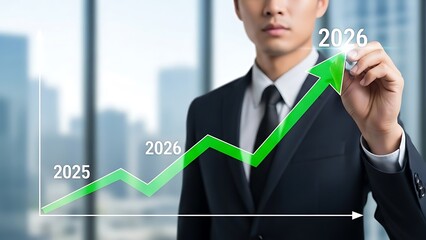 Businessman draws a rising green arrow graph showing growth toward the year 2026 on a transparent screen.