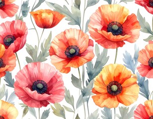 Fototapeta premium Watercolor poppy floral pattern (1)
