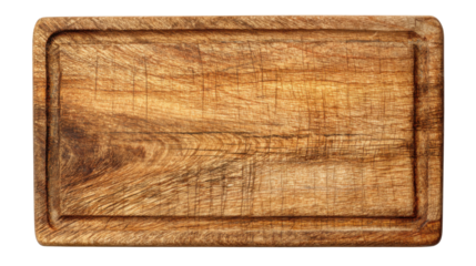 Wooden cutting board with food preparation surface, rustic kitchenware for cooking and serving, transparent background