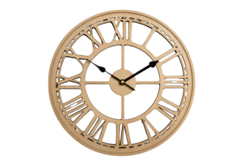 Wooden Roman numeral clock face with black hands on black background image