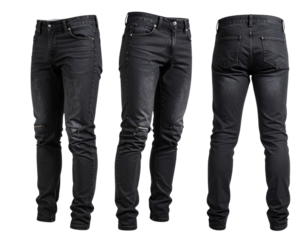 Black Motorcycle Jeans, Angled Side View, Modern Rider Style, Isolated on Transparent Background
