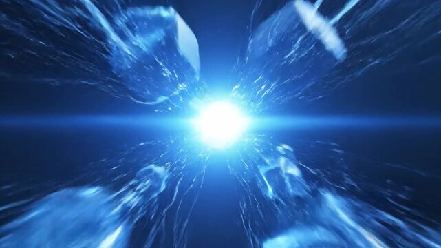Abstract animation of glowing blue geometric shapes accelerating and converging smoothly to symbolize performance optimization and enhanced efficiency success, abstract, integration