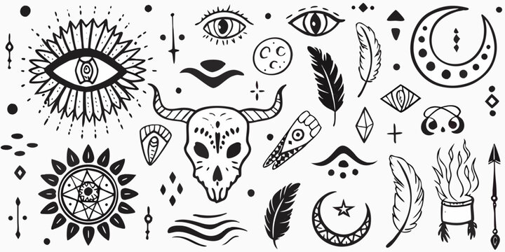 Bohemian sketch featuring mystical symbols animal skulls and feather motifs