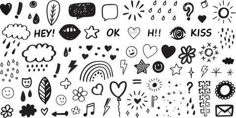 Collection of hand drawn doodles including hearts stars speech bubbles and various symbols © Ajay