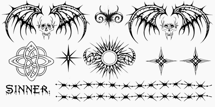 Intricate black and white designs featuring skulls wings and gothic symbols