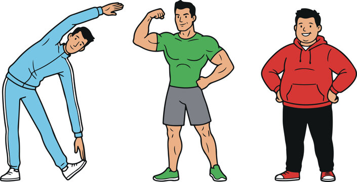 Male body types illustration set featuring an ectomorph stretching, a mesomorph flexing muscles, and an endomorph standing, representing different somatotypes, vector isolated.