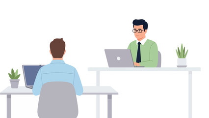 Flat vector illustration of a modern office workspace showing two men working on a laptop.
