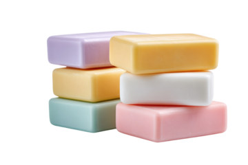 Stack of six colorful rectangular soap bars against black background pastel colors
