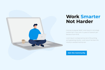 Man Sitting on Giant Laptop Working with Computer and Coffee Cup Professional Concept Art Illustration