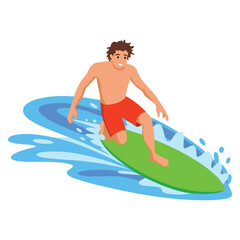 Vector illustration of male surfer riding wave ideal for water extreme sport summer vacation adventure surfing beach and ocean themed designs