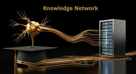 Knowledge Network Illustration: A sophisticated visual representation illustrating the neural connections between knowledge acquisition, processing, and storage, culminating in the server.