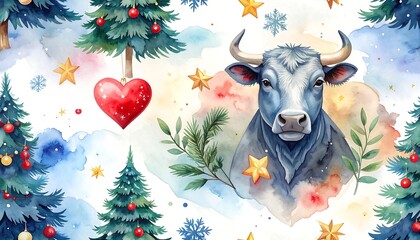 Watercolor Christmas bull pattern